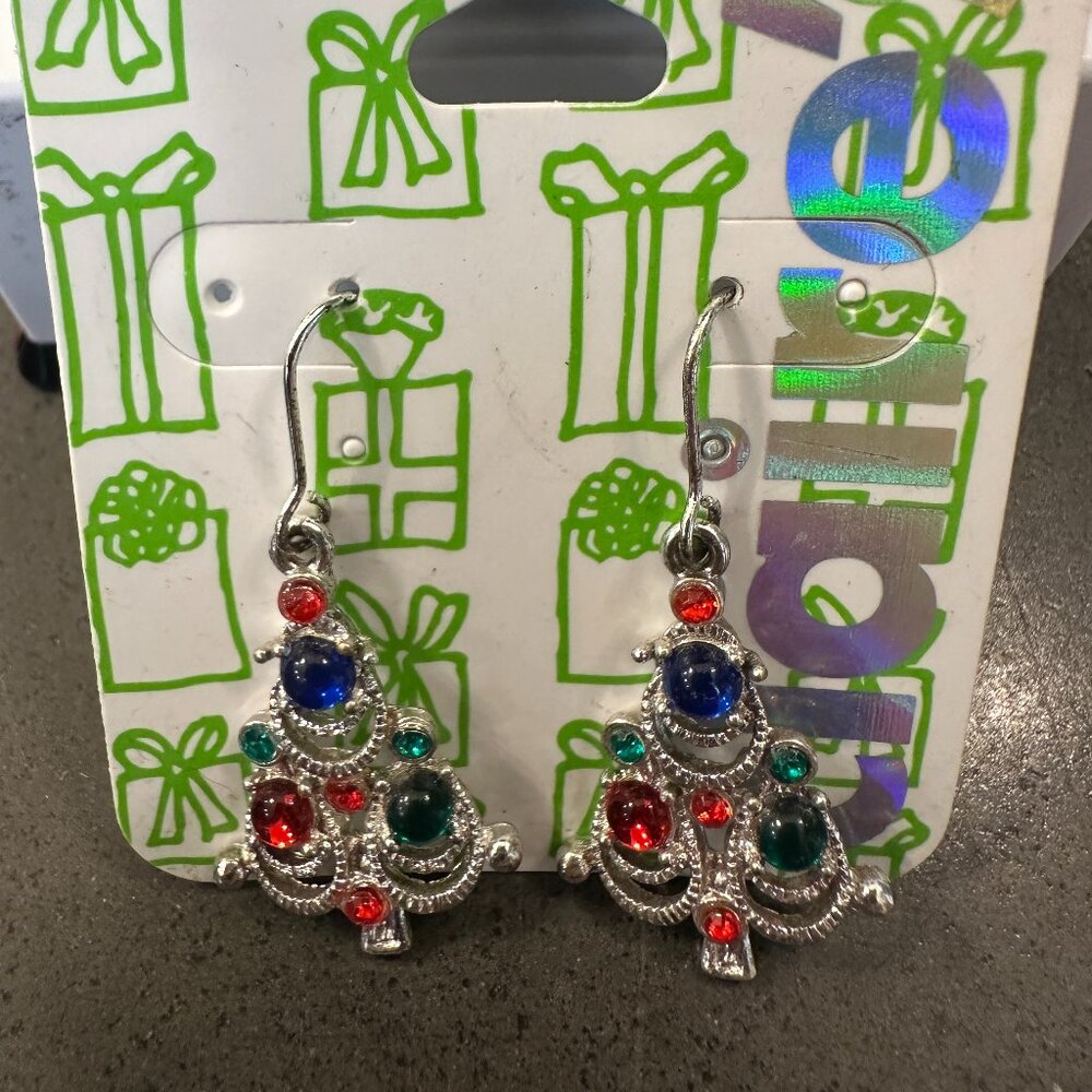 Claire’s Rhinestone Christmas Tree Hook Back Silver Tone Earrings NWT!